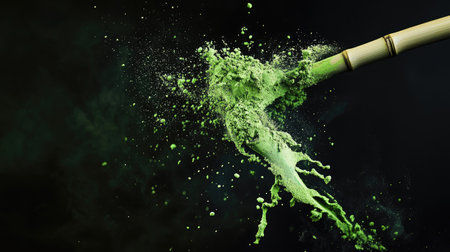 Suspended motion of matcha powder bursting from bamboo whisk in a dramatic splash of green on blackの素材