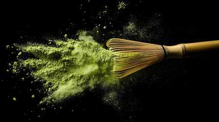 Bamboo whisk dramatically emerging from a green cloud of matcha powder, floating particles highlighted on blackの素材