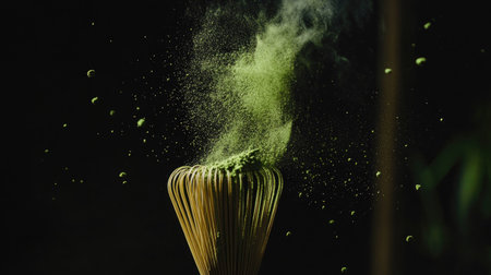 Elegant burst of matcha dust around bamboo whisk in still motion, vibrant green powder against rich blackの素材