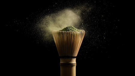 Artistic shot of bamboo whisk enveloped in airborne matcha powder, green haze sharply lit against blackの素材