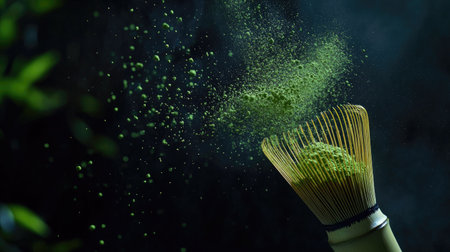 High-speed photo of matcha powder flying upward from bamboo whisk with a dark background for dramatic effectの素材