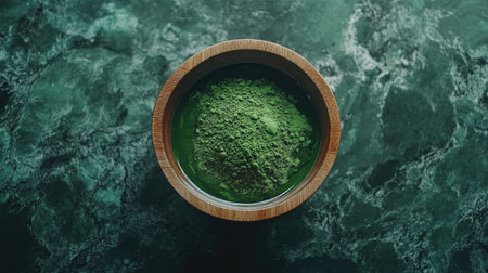 Top-down view of green tea powder in a wooden bowl with stylized placement of matcha accessories around itの素材