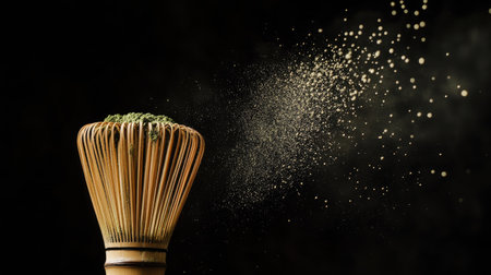 Matcha tea powder flying around a bamboo whisk mid-motion, with particles frozen against a deep black backdropの素材