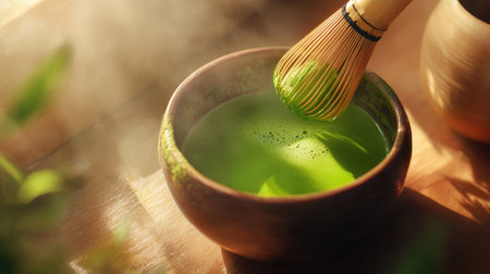 Vibrant matcha tea in process, bamboo whisk in action inside a bowl with natural tones and soft shadowsの素材