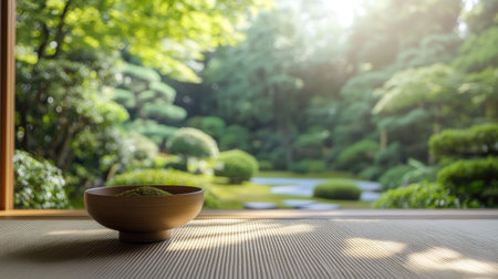 Green tea powder in a traditional wooden bowl on a tatami mat, with a serene Zen garden visible in the distanceの素材