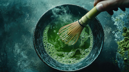 Overhead view of matcha powder slowly dissolving as it's whisked into hot water in a ceramic bowlの素材