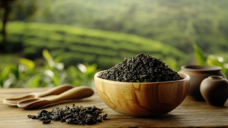 Green tea powder in a smooth wooden bowl, surrounded by tea utensils and a blurred tea plantation in the backgroundの素材