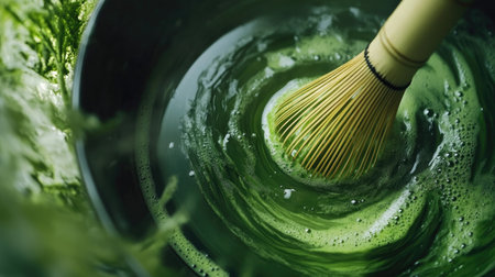 Close-up of the bamboo whisk spinning through rich green matcha, creating froth inside a minimalist bowlの素材