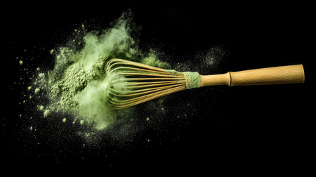 Top-down view of bamboo whisk creating a cloud of green powder against a stark black backgroundの素材