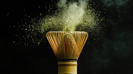 Close-up of bamboo whisk with matcha dust explosion captured mid-air, high contrast on black backgroundの素材
