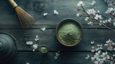 Rustic wooden table scene with green tea powder in a bowl, bamboo whisk, and cherry blossom petals scattered nearbyの素材