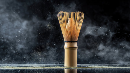 Bamboo whisk standing upright surrounded by floating clouds of matcha tea powder on black velvet backgroundの素材