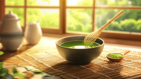 Traditional tea preparation scene with a bamboo whisk stirring green tea in a bowl on a woven matの素材