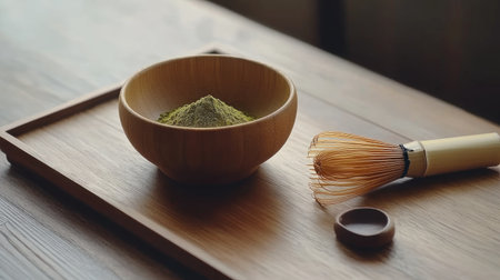 Vibrant matcha powder in a wooden bowl with a bamboo whisk lying next to it, styled on a minimalist Japanese trayの素材
