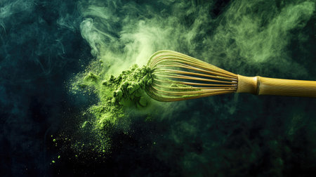 Flying green tea powder around a bamboo whisk, creating a dynamic, smoky effect with high-speed photographyの素材