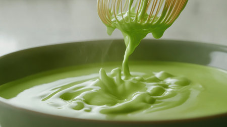 Side view of matcha being vigorously whisked in a bowl with smooth, green foam forming at the topの素材