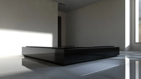 Minimalist high-end kitchen with a monolithic black island, touch-control appliances, and sleek cabinetryの素材