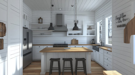Bright and open concept kitchen with a modern farmhouse feel, highlighted by shiplap walls, farmhouse lighting, and wood countertopsの素材