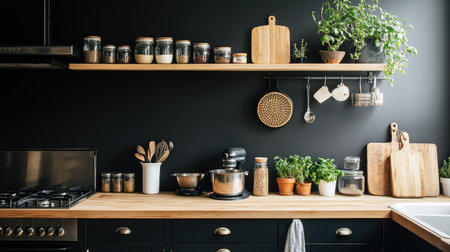 Scandinavian-inspired black kitchen with light wood counters, clean lines, and airy, minimalist styleの素材