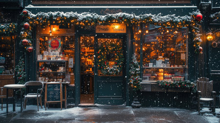 A festive holiday-decorated coffee shop entrance with garlands, twinkling lights, and snow on the groundの素材