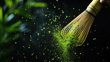 Dynamic composition with bamboo whisk causing a green explosion of matcha powder, suspended in air on blackの素材