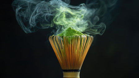 Isolated bamboo whisk with vibrant matcha powder swirling upward like smoke, suspended on black backgroundの素材