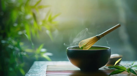 Whisking matcha tea in a bowl during a Japanese tea ceremony, with bamboo tools and serene backgroundの素材