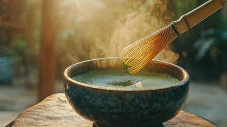 Bamboo whisk beating matcha tea in a ceramic bowl with foam forming on top, sunlight highlighting the greenの素材