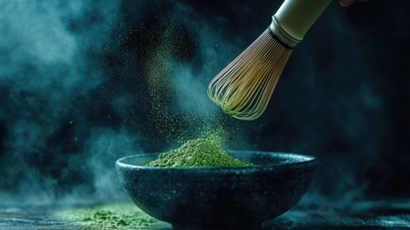A kitchen scene with matcha powder being whisked in a bowl, captured mid-process with fine green mist in airの素材