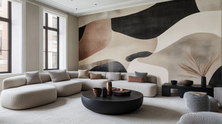 Contemporary neutral-toned lounge with abstract mural feature wall, plush sofa in soft gray-beige, black round coffee table, and minimal decor touchesの素材