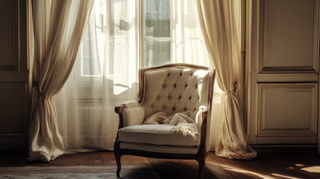 Chic living space with cushioned armchair near window with flowing linen curtains, soft ambient light filling the room, evoking comfort and eleganceの素材