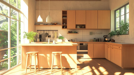 Stylish kitchen interior with clean lines, minimalist wooden cabinets, big windows, and a soft neutral aesthetic filled with daylightの素材