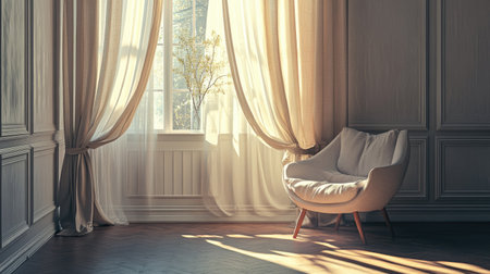 Soft-toned room corner with a cozy lounge chair near a window, dressed in layered elegant curtains that diffuse gentle daylightの素材