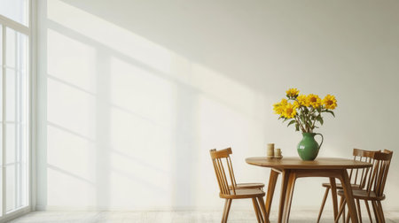 Airy minimalist dining room with white walls, vintage-style chairs, raw wood textures, and a pop of color from yellow flowers in a green vaseの素材