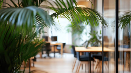 Bright modern office with transparent walls, oversized tables for group work, and lush green plants adding warmth to the neutral paletteの素材