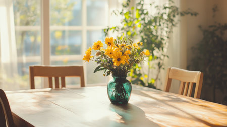 Natural-light-filled dining space with neutral palette, wooden furniture, and a refreshing splash of yellow flowers in a jade-colored vaseの素材