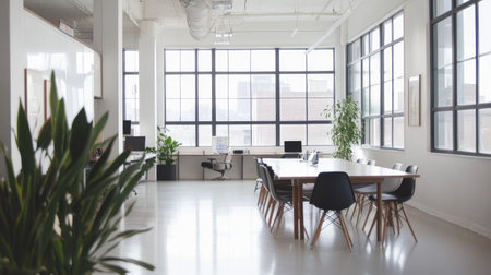 Bright neutral office space with long communal work tables, sleek glass offices, and green plants creating a calming atmosphereの素材