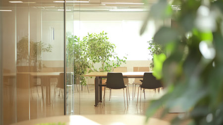 Stylish workplace with balance of glass-walled privacy, community tables, and leafy accents amidst calm beige interiorsの素材