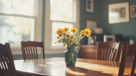 Natural-light-filled dining space with neutral palette, wooden furniture, and a refreshing splash of yellow flowers in a jade-colored vaseの素材