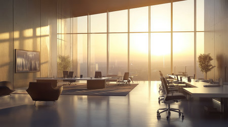 Sleek contemporary workspace with large windows, adjustable desks, and minimalist ergonomic chairs in a sunlit open-plan officeの素材
