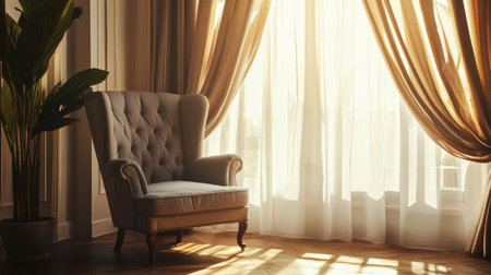 Comfortable armchair near a tall window draped with luxurious curtains, bathed in warm sunlight, in a softly decorated modern interior spaceの素材