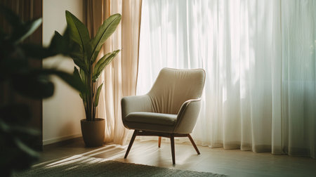 Relaxing space with a comfortable fabric armchair near a bright window dressed in elegant neutral curtains, set in a calm and minimal interiorの素材