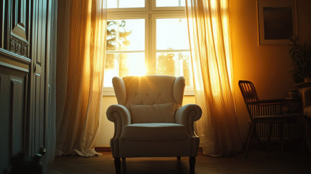 Inviting room scene featuring a modern armchair placed near a window with light, luxurious curtains, surrounded by minimal yet cozy decorの素材