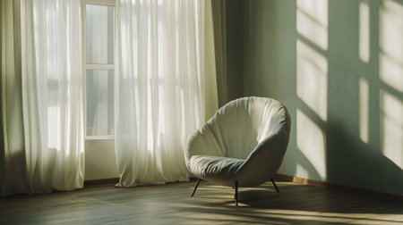 Elegant reading nook featuring a modern armchair, sunlight through window curtains casting soft shadows across a tranquil room spaceの素材
