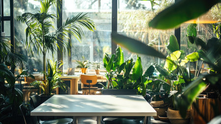 Collaborative workspace with leafy indoor plants, large white shared tables, and soundproof glass rooms along the sidesの素材