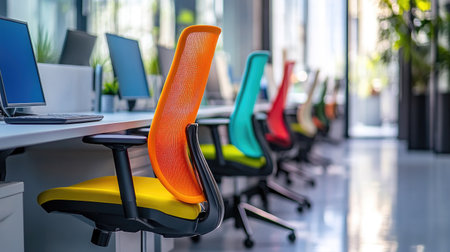 Bright startup office with colorful ergonomic chairs, compact high-tech desks, and glass walls with streaming daylightの素材