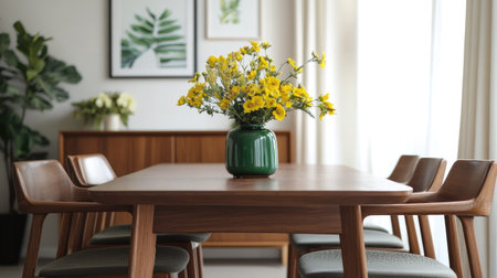 Clean dining space with natural wood textures, sleek vintage-style chairs, and a cheerful bouquet of yellow flowers in a green vase centerpieceの素材