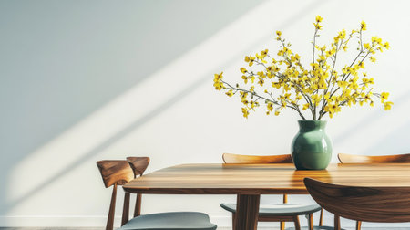 Minimalist dining room with mid-century modern chairs, wooden table and a green vase with yellow spring flowers. Neutral tones and clean styling emphasize natural texturesの素材
