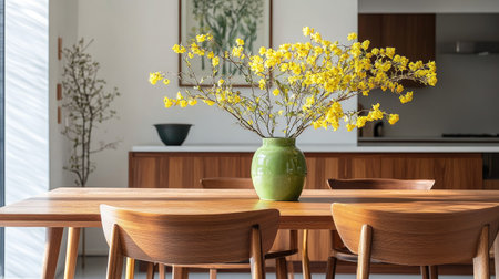Neutral-toned dining room with minimalist lines, warm wood furniture, and a vibrant green vase filled with yellow spring flowersの素材