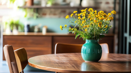 Cozy and refined dining space featuring a natural wood table, classic mid-century chairs, and a green vase with fresh yellow flowers as focal pointの素材